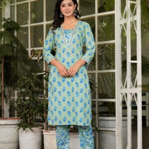 Blue Floral Embroidered Kurta With Trousers & Dupatta