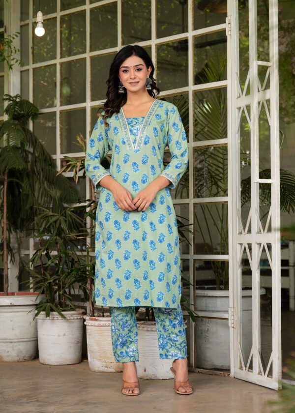 Blue Floral Embroidered Kurta With Trousers & Dupatta