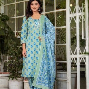 Blue Floral Embroidered Kurta With Trousers & Dupatta