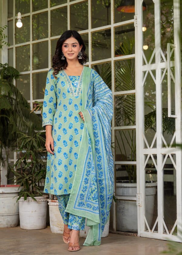 Blue Floral Embroidered Kurta With Trousers & Dupatta