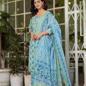 Blue Floral Embroidered Kurta With Trousers & Dupatta