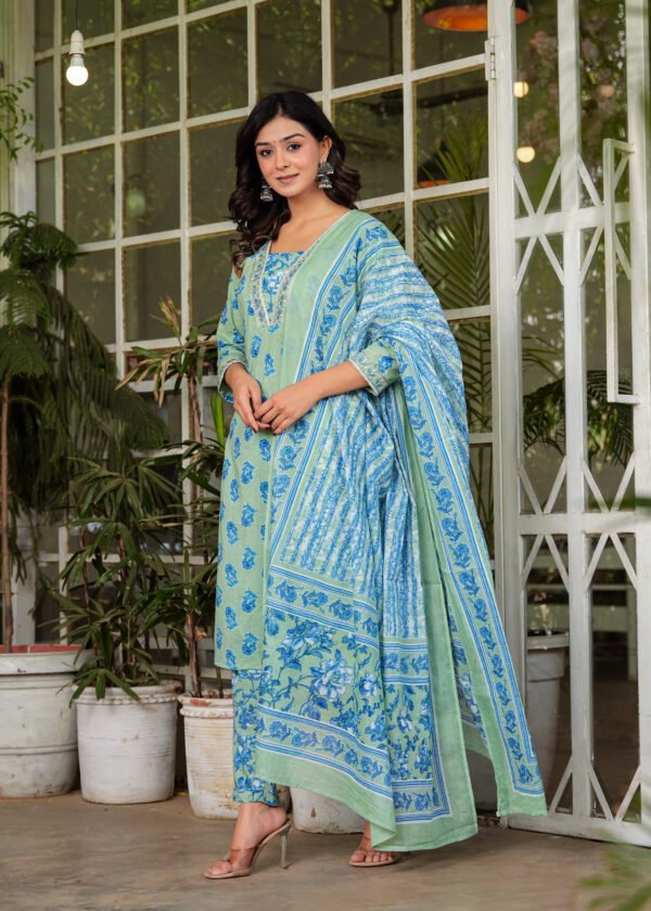 Blue Floral Embroidered Kurta With Trousers & Dupatta