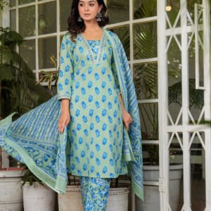 Blue Floral Embroidered Kurta With Trousers & Dupatta