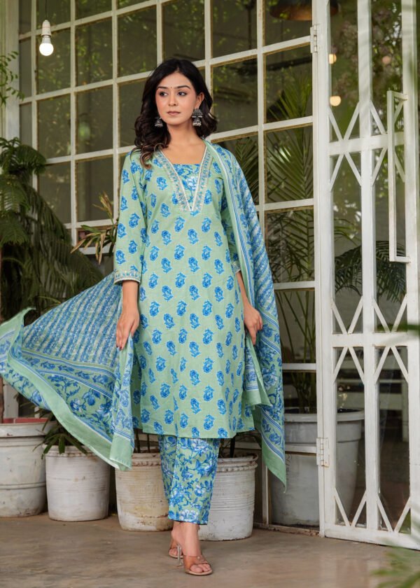 Blue Floral Embroidered Kurta With Trousers & Dupatta