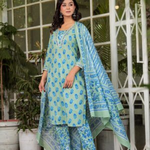 Blue Floral Embroidered Kurta With Trousers & Dupatta