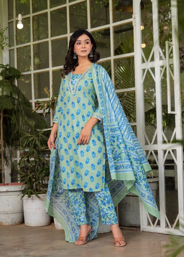 Blue Floral Embroidered Kurta With Trousers & Dupatta