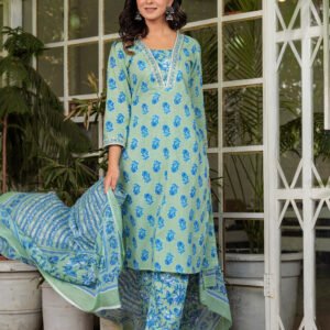 Blue Floral Embroidered Kurta With Trousers & Dupatta