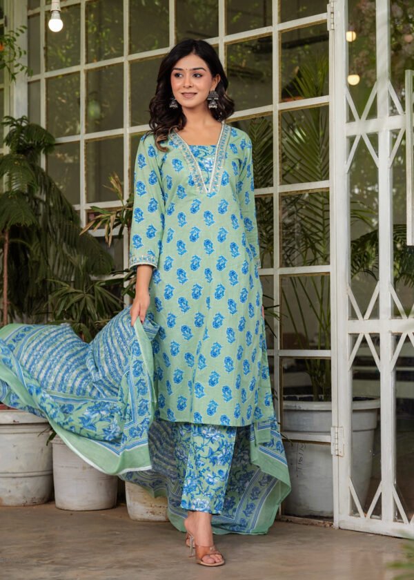 Blue Floral Embroidered Kurta With Trousers & Dupatta