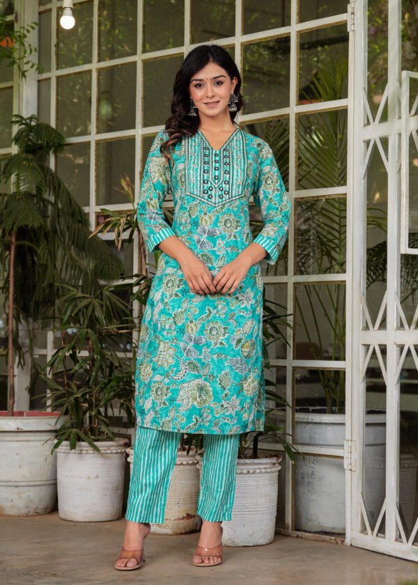 Women Floral Viking Printed Pure Cotton Kurta with Trousers & Dupatta