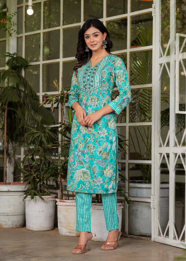 Women Floral Viking Printed Pure Cotton Kurta with Trousers & Dupatta