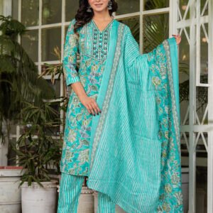 Women Floral Viking Printed Pure Cotton Kurta with Trousers & Dupatta