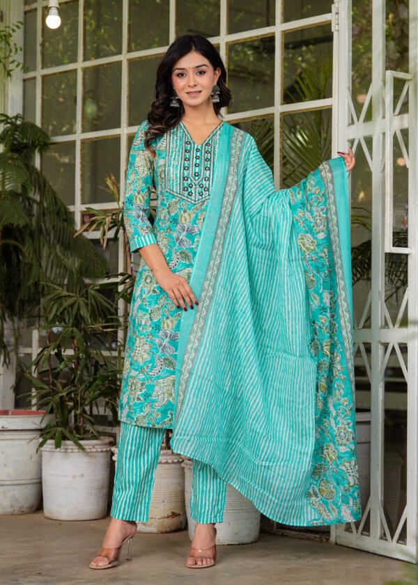 Women Floral Viking Printed Pure Cotton Kurta with Trousers & Dupatta