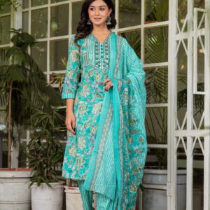 Women Floral Viking Printed Pure Cotton Kurta with Trousers & Dupatta