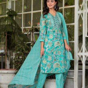 Women Floral Viking Printed Pure Cotton Kurta with Trousers & Dupatta