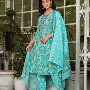 Women Floral Viking Printed Pure Cotton Kurta with Trousers & Dupatta