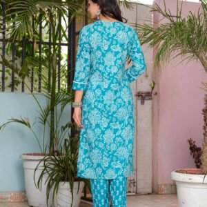 Women Floral Pacific Blue Printed Pure Cotton Kurta with Trousers & Dupatta