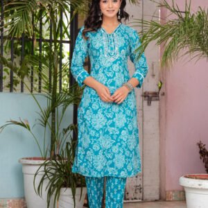 Women Floral Pacific Blue Printed Pure Cotton Kurta with Trousers & Dupatta