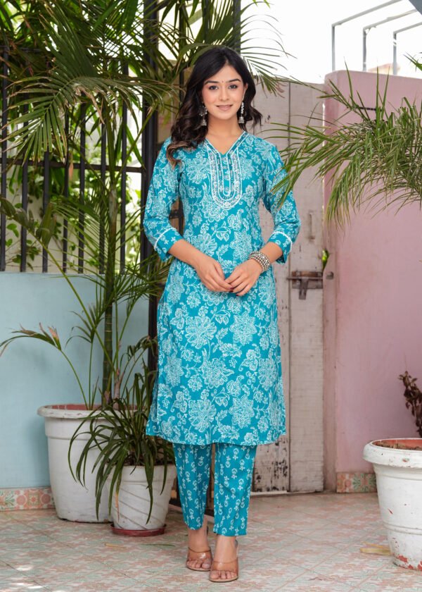 Women Floral Pacific Blue Printed Pure Cotton Kurta with Trousers & Dupatta