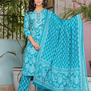 Women Floral Pacific Blue Printed Pure Cotton Kurta with Trousers & Dupatta