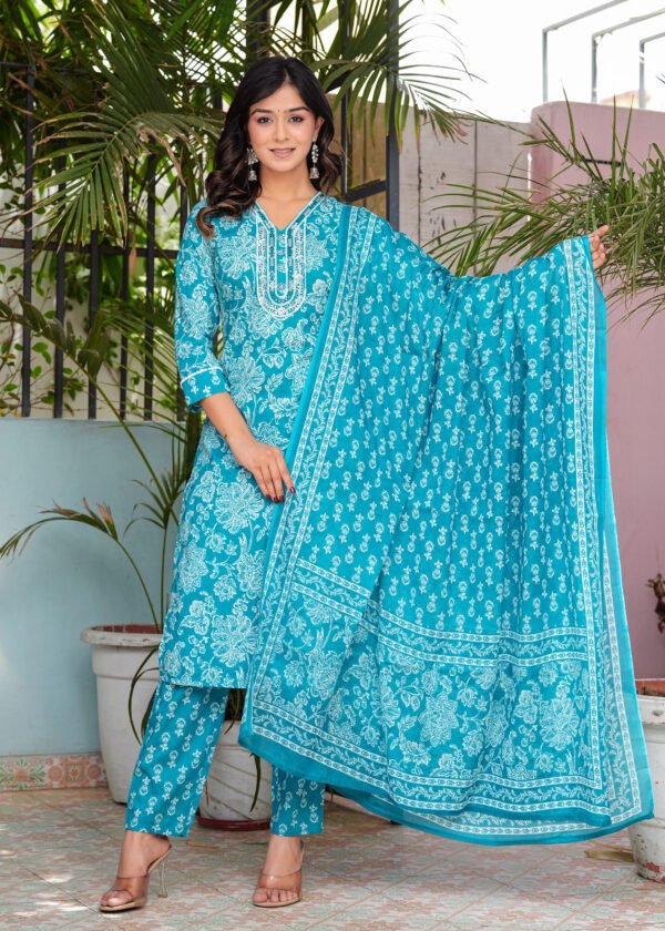 Women Floral Pacific Blue Printed Pure Cotton Kurta with Trousers & Dupatta