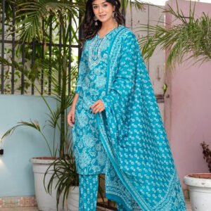 Women Floral Pacific Blue Printed Pure Cotton Kurta with Trousers & Dupatta