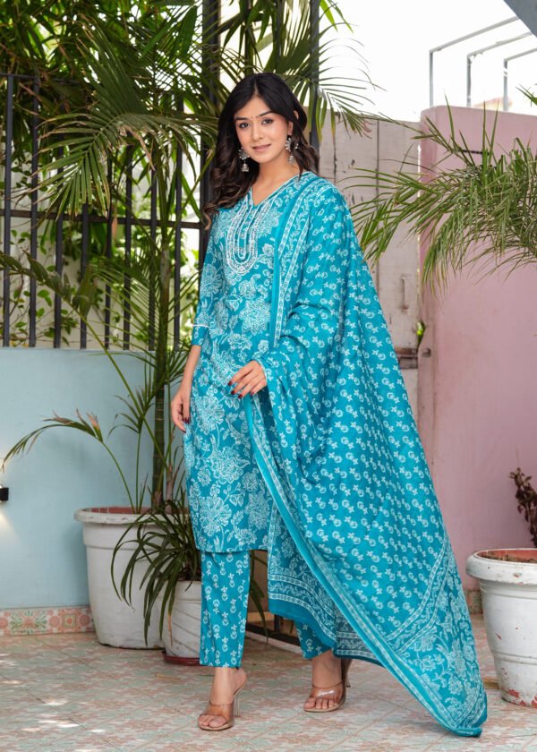 Women Floral Pacific Blue Printed Pure Cotton Kurta with Trousers & Dupatta