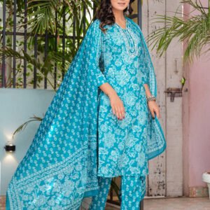 Women Floral Pacific Blue Printed Pure Cotton Kurta with Trousers & Dupatta