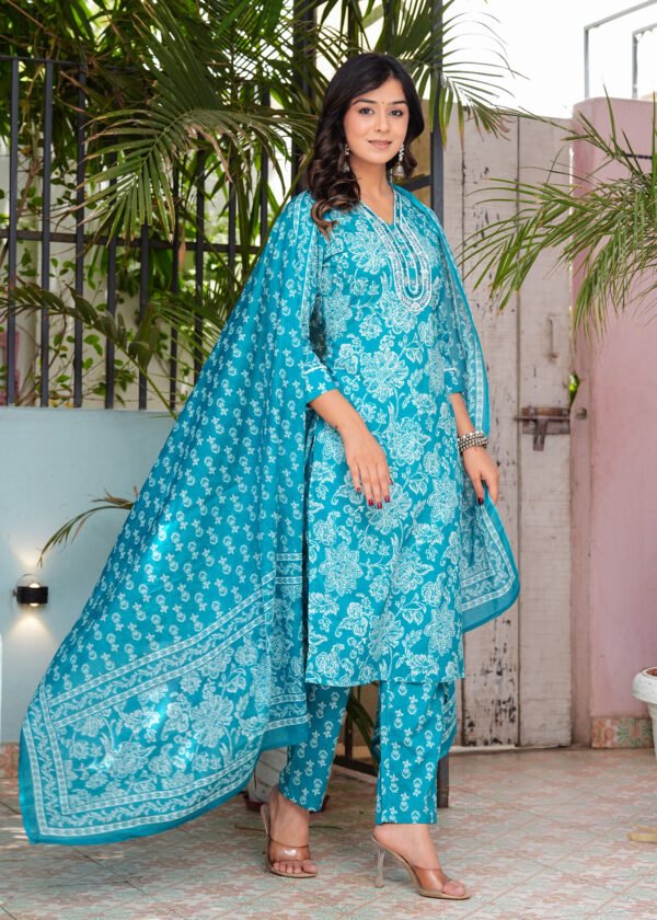 Women Floral Pacific Blue Printed Pure Cotton Kurta with Trousers & Dupatta