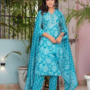 Women Floral Pacific Blue Printed Pure Cotton Kurta with Trousers & Dupatta