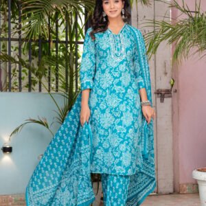 Women Floral Pacific Blue Printed Pure Cotton Kurta with Trousers & Dupatta