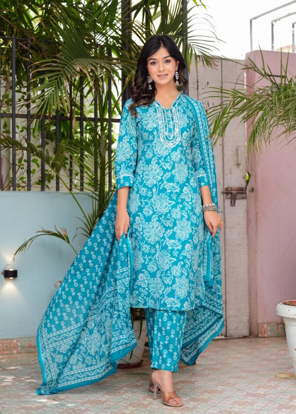 Women Floral Pacific Blue Printed Pure Cotton Kurta with Trousers & Dupatta