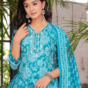 Women Floral Pacific Blue Printed Pure Cotton Kurta with Trousers & Dupatta