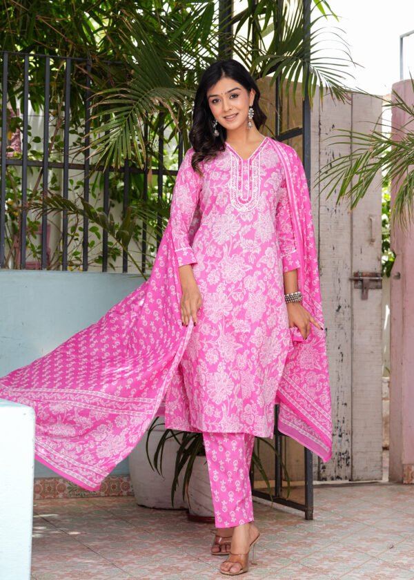 Women Floral Lavender Rose Printed Pure Cotton Kurta with Trousers & Dupatta