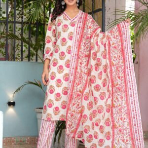 Women Floral Pampas Printed Pure Cotton Kurta with Trousers & Dupatta