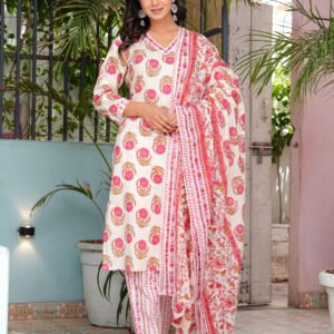 Women Floral Pampas Printed Pure Cotton Kurta with Trousers & Dupatta