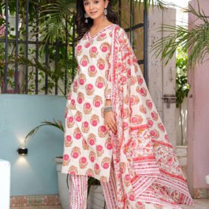 Women Floral Pampas Printed Pure Cotton Kurta with Trousers & Dupatta