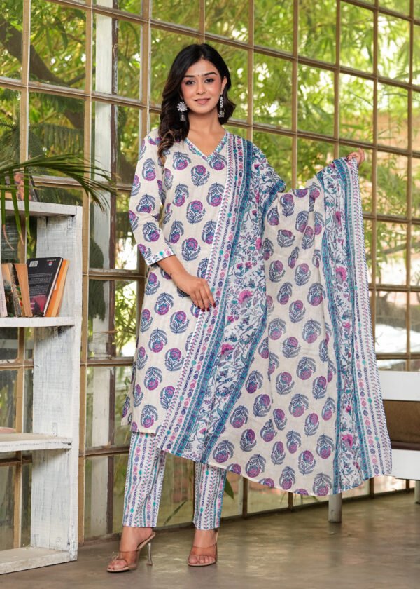 Women Hopbush Floral Printed Pure Cotton Kurta with Trousers & Dupatta