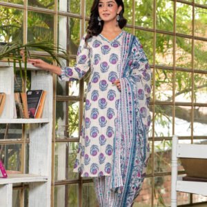 Women Hopbush Floral Printed Pure Cotton Kurta with Trousers & Dupatta