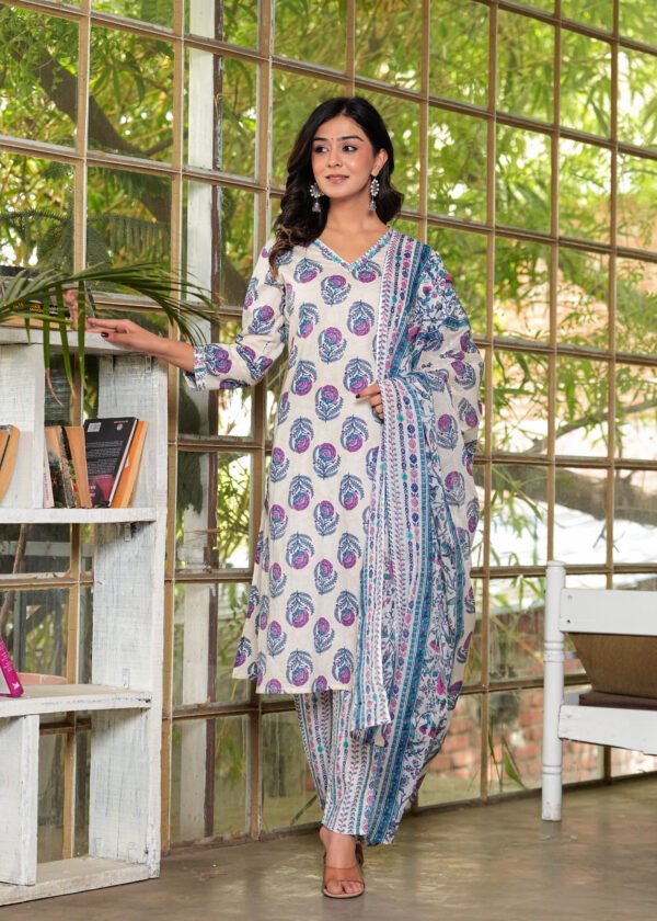 Women Hopbush Floral Printed Pure Cotton Kurta with Trousers & Dupatta