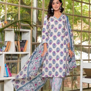 Women Hopbush Floral Printed Pure Cotton Kurta with Trousers & Dupatta