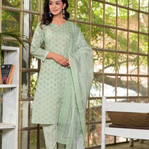 Women Floral Clay Ash Printed Pure Cotton Kurta with Trousers & Dupatta