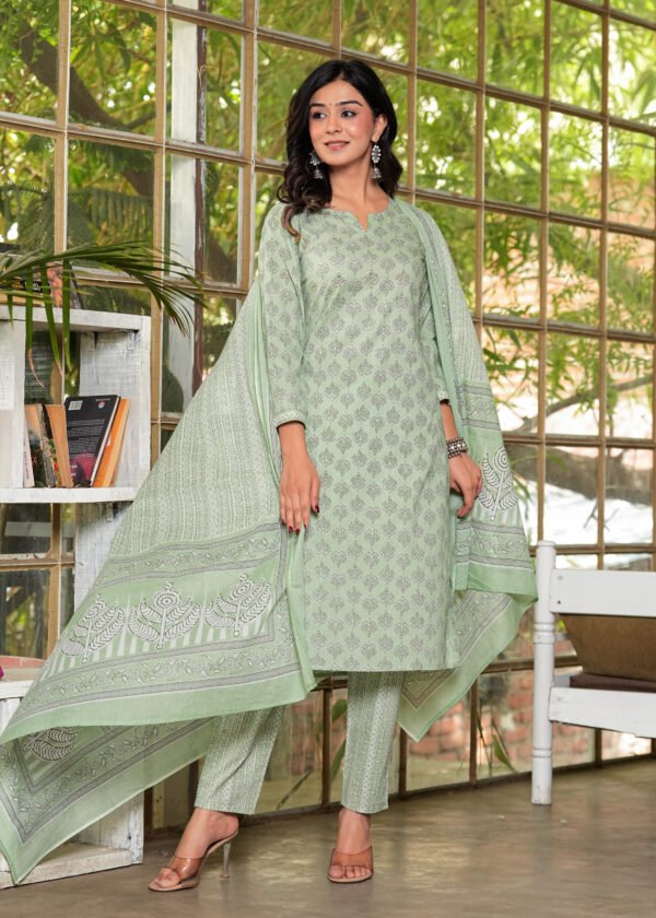 Women Floral Clay Ash Printed Pure Cotton Kurta with Trousers & Dupatta