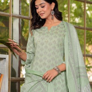 Women Floral Clay Ash Printed Pure Cotton Kurta with Trousers & Dupatta