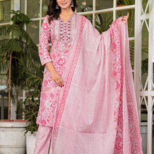 Women Floral Beauty Bush Printed Pure Cotton Kurta with Trousers & Dupatta