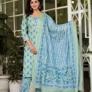 Blue Floral Embroidered Kurta With Trousers & Dupatta