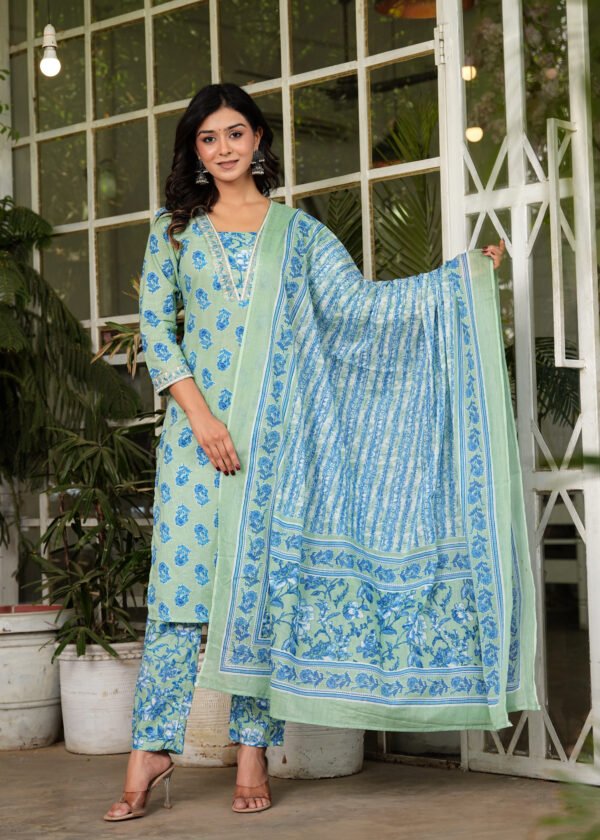 Blue Floral Embroidered Kurta With Trousers & Dupatta