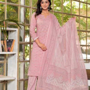 Women Oriental Pink Floral Printed Pure Cotton Kurta with Trousers & Dupatta