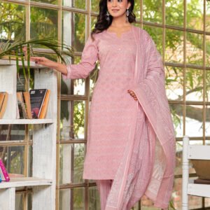 Women Oriental Pink Floral Printed Pure Cotton Kurta with Trousers & Dupatta