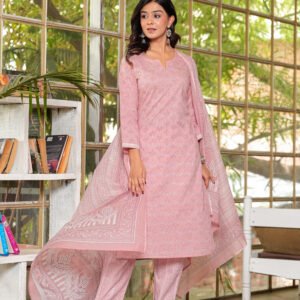 Women Oriental Pink Floral Printed Pure Cotton Kurta with Trousers & Dupatta